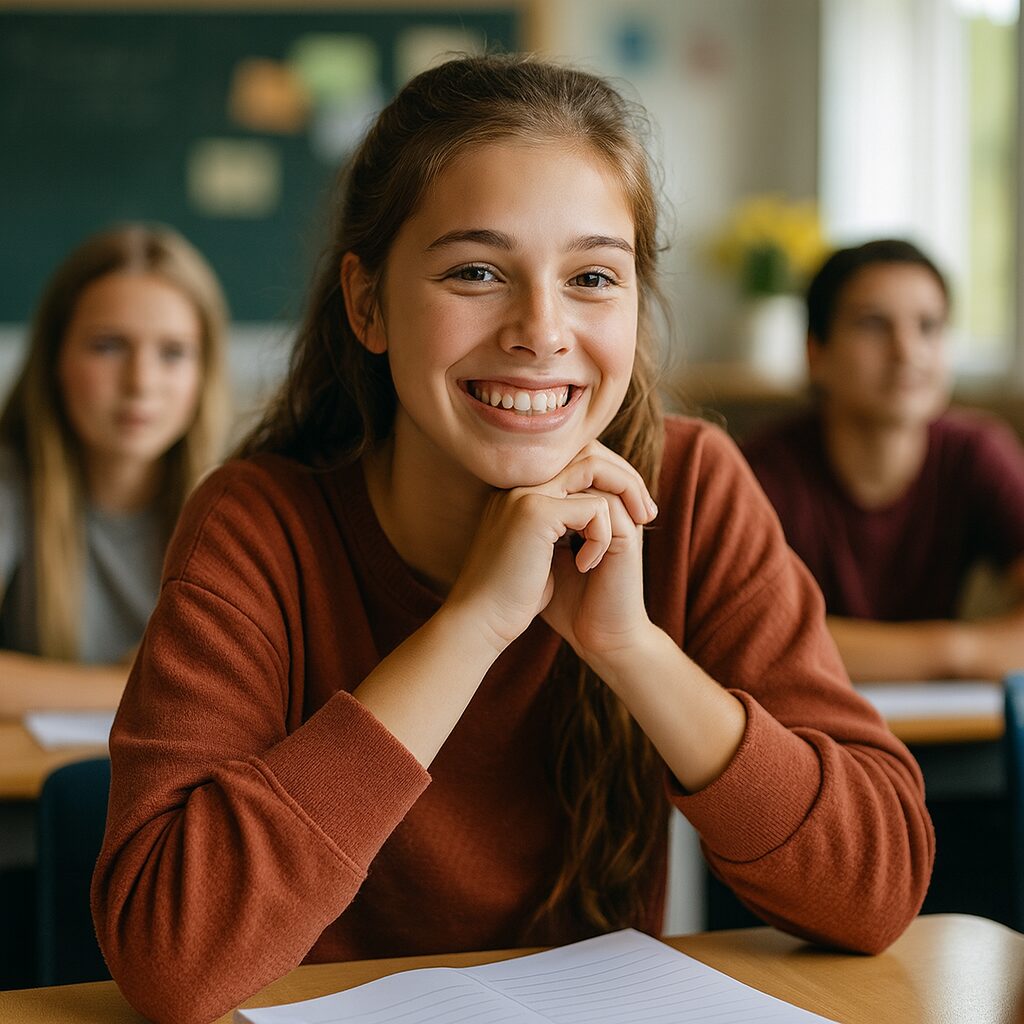 Adolescentes em sala de aula moderna, trabalhando em grupo com professora mediando.