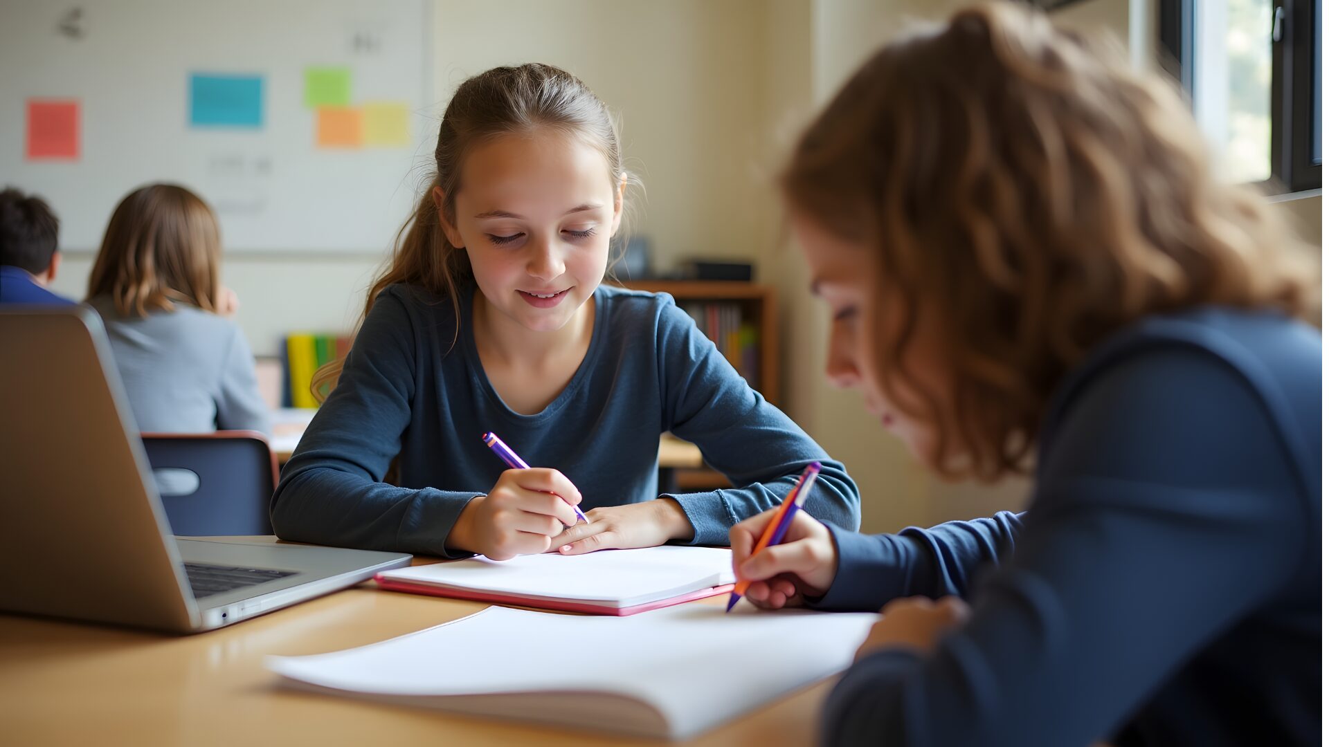 Estudantes em sala de aula moderna, engajados em atividade colaborativa com professor.